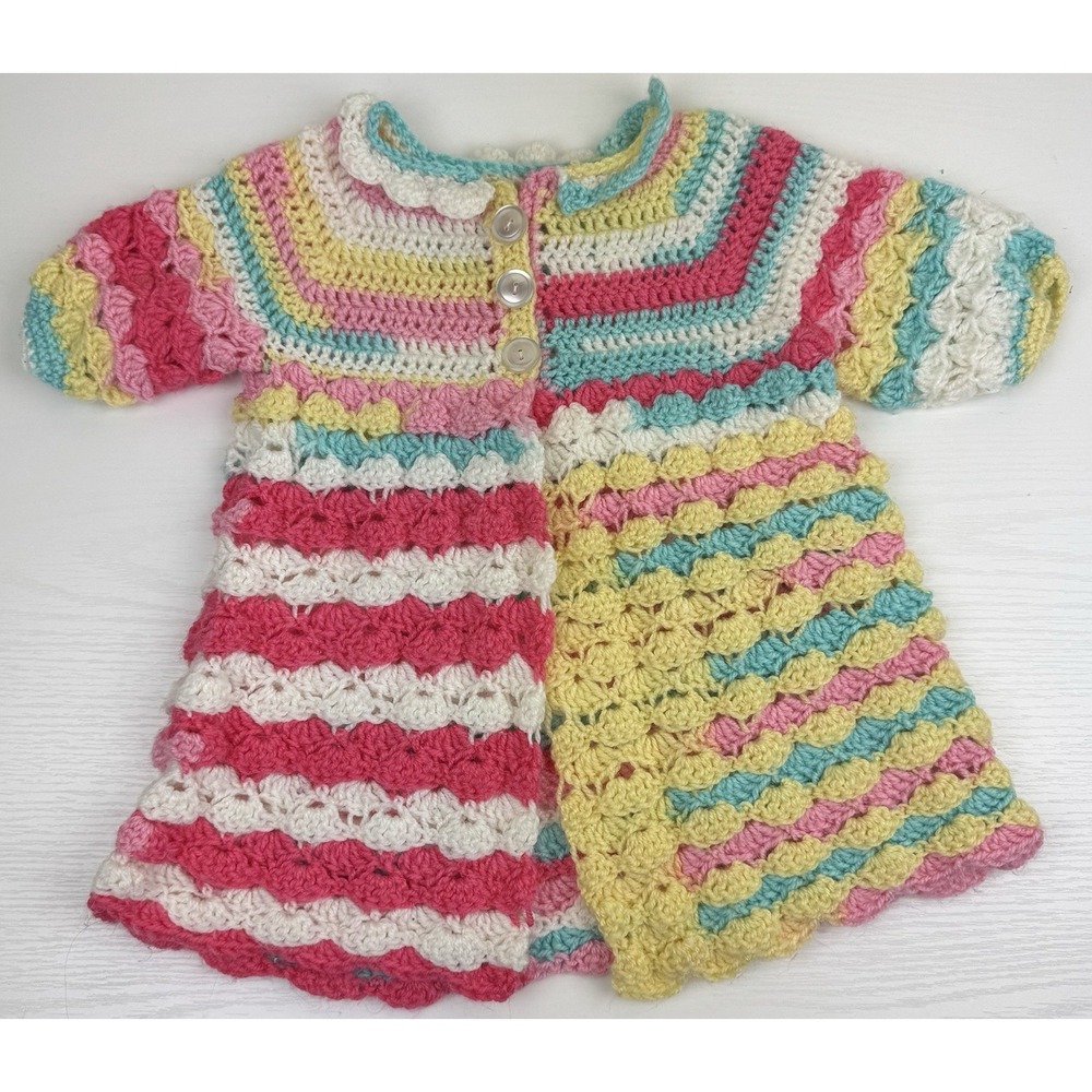 Handmade Crochet Baby Dress Cardigan Rainbow Pastel Easter Outfit 6-12M